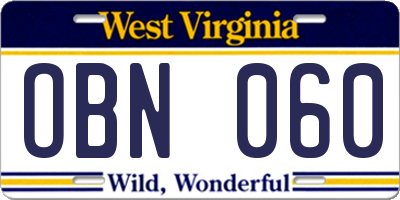 WV license plate OBN060