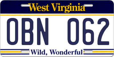 WV license plate OBN062