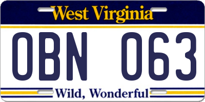 WV license plate OBN063