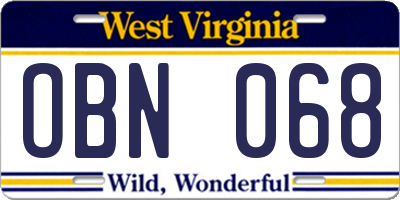 WV license plate OBN068