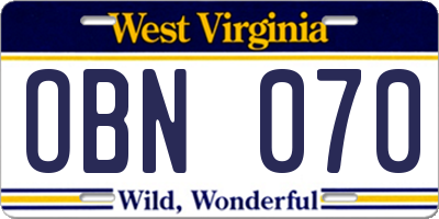 WV license plate OBN070