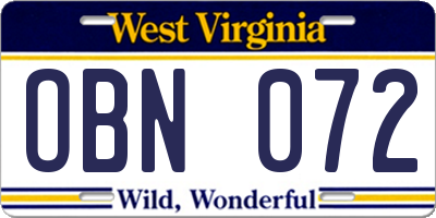 WV license plate OBN072