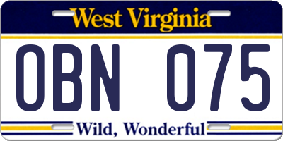 WV license plate OBN075