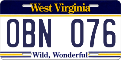 WV license plate OBN076