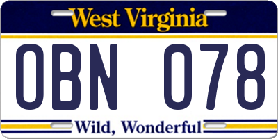WV license plate OBN078