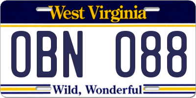 WV license plate OBN088