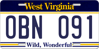 WV license plate OBN091