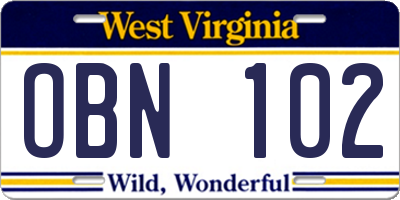 WV license plate OBN102