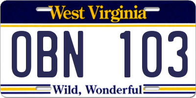 WV license plate OBN103