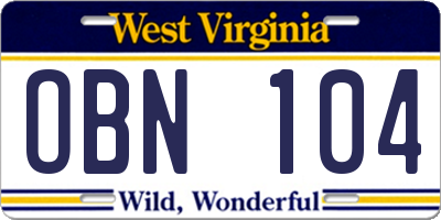 WV license plate OBN104