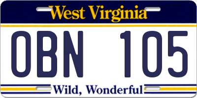 WV license plate OBN105