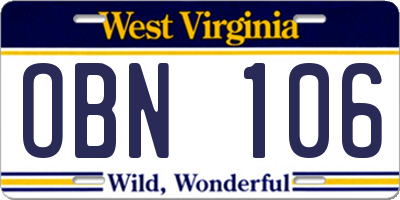 WV license plate OBN106