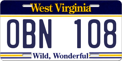 WV license plate OBN108