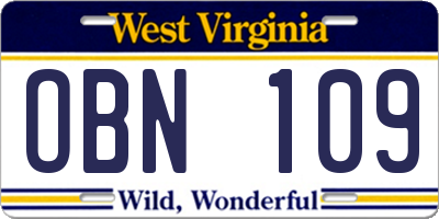 WV license plate OBN109