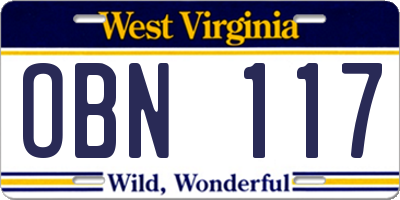 WV license plate OBN117
