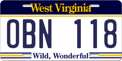 WV license plate OBN118