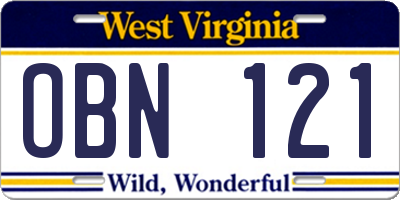 WV license plate OBN121
