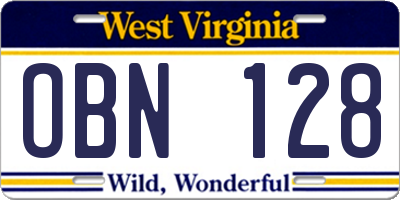 WV license plate OBN128