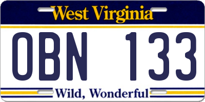 WV license plate OBN133