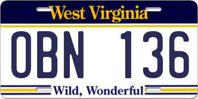 WV license plate OBN136