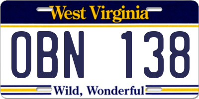 WV license plate OBN138