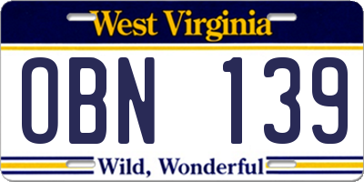 WV license plate OBN139