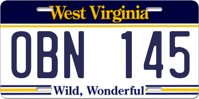 WV license plate OBN145