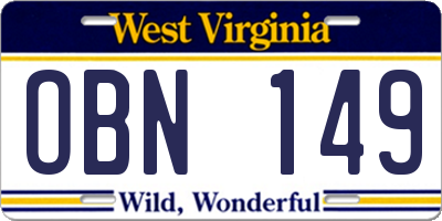 WV license plate OBN149