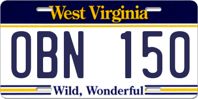 WV license plate OBN150