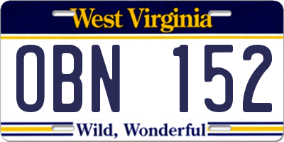 WV license plate OBN152