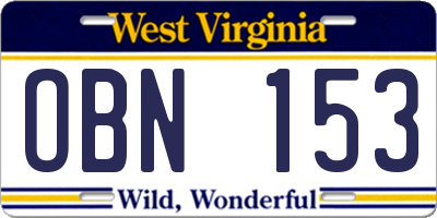 WV license plate OBN153