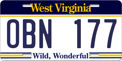 WV license plate OBN177