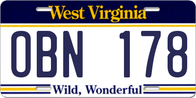 WV license plate OBN178