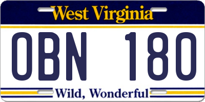 WV license plate OBN180