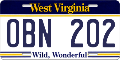 WV license plate OBN202