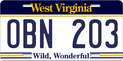 WV license plate OBN203