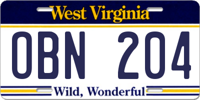WV license plate OBN204