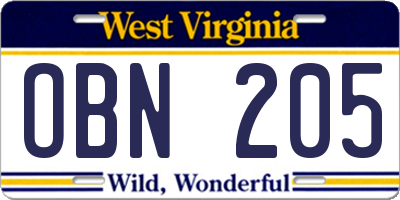 WV license plate OBN205