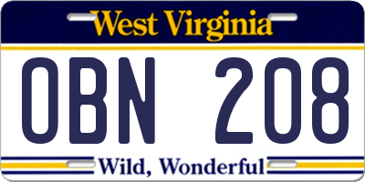 WV license plate OBN208