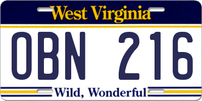 WV license plate OBN216