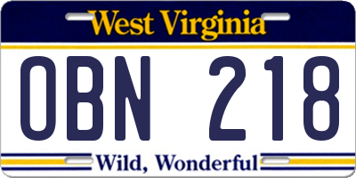 WV license plate OBN218