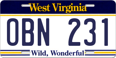 WV license plate OBN231