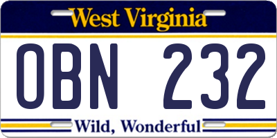 WV license plate OBN232