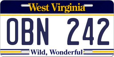 WV license plate OBN242