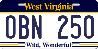 WV license plate OBN250