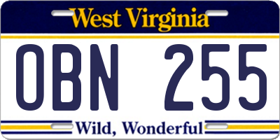 WV license plate OBN255