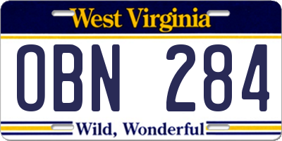 WV license plate OBN284