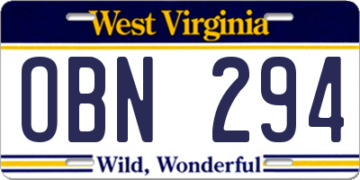 WV license plate OBN294