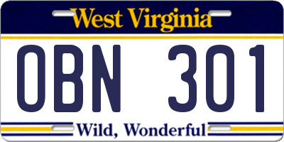 WV license plate OBN301