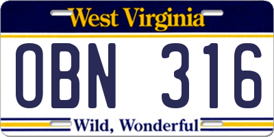 WV license plate OBN316